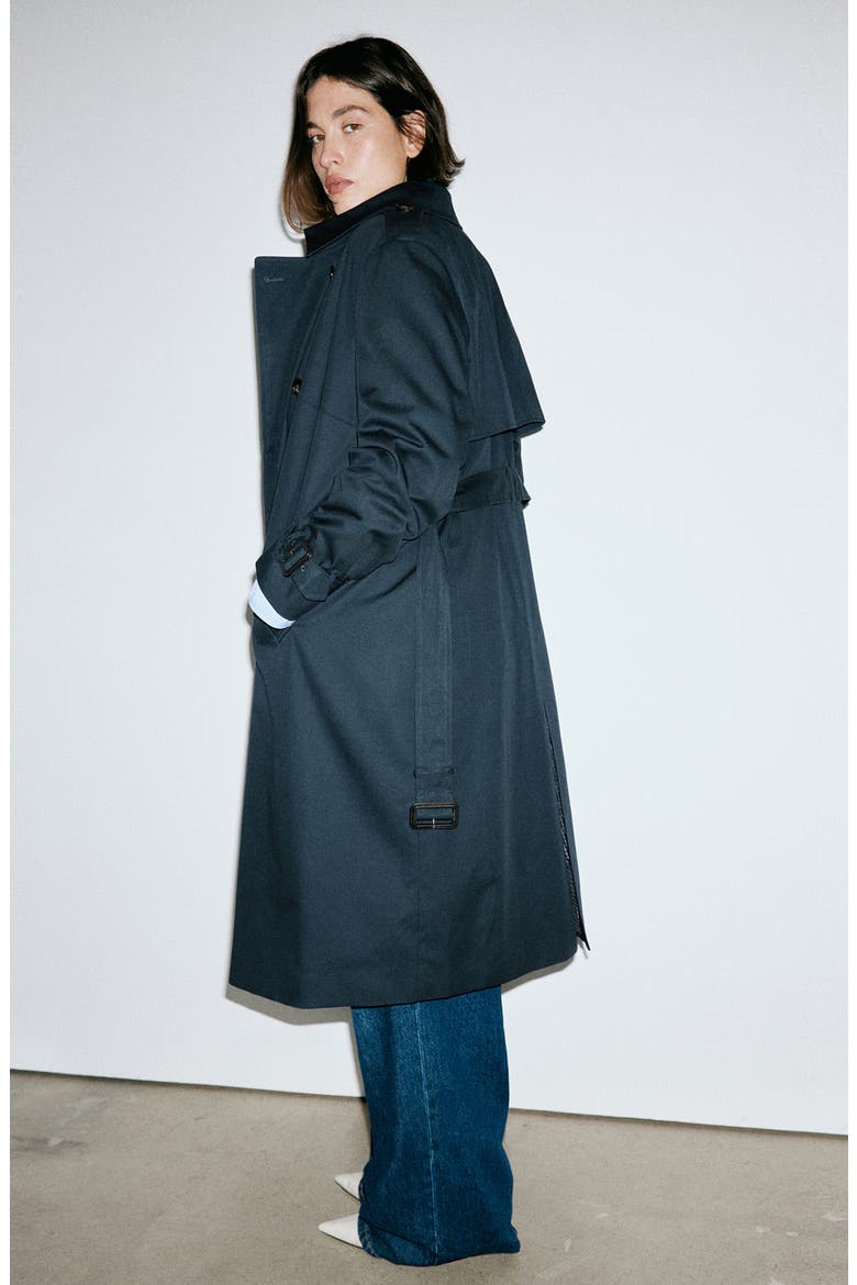 Double Breasted Cotton Trench Coat, Alternate, color, NAVY