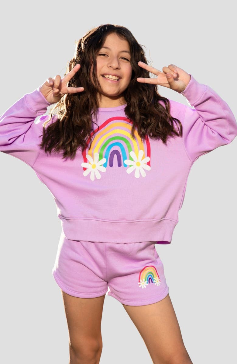 PixieLane Kids' Cloud Soft Rainbow Graphic Sweatshirt, Alternate, color, Pink Daisy Rainbow