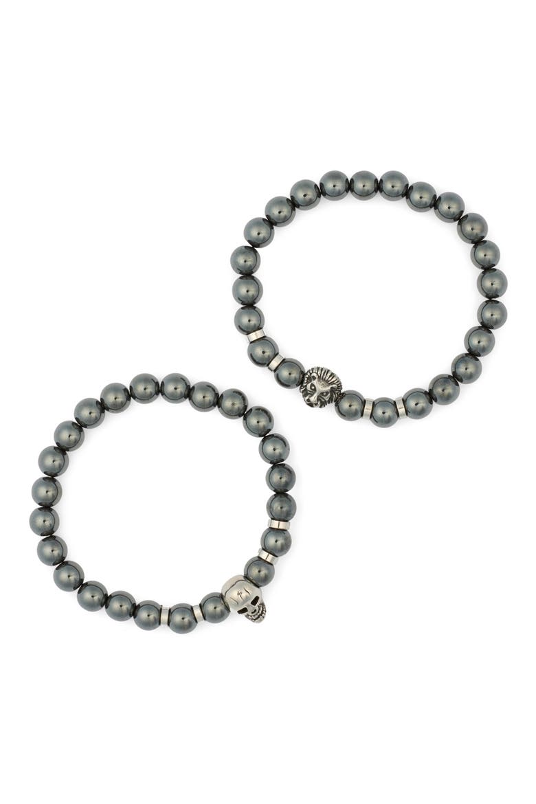 2-Pack Lion Skull Beaded Stretch Bracelets, Main, color, TITANIUM
