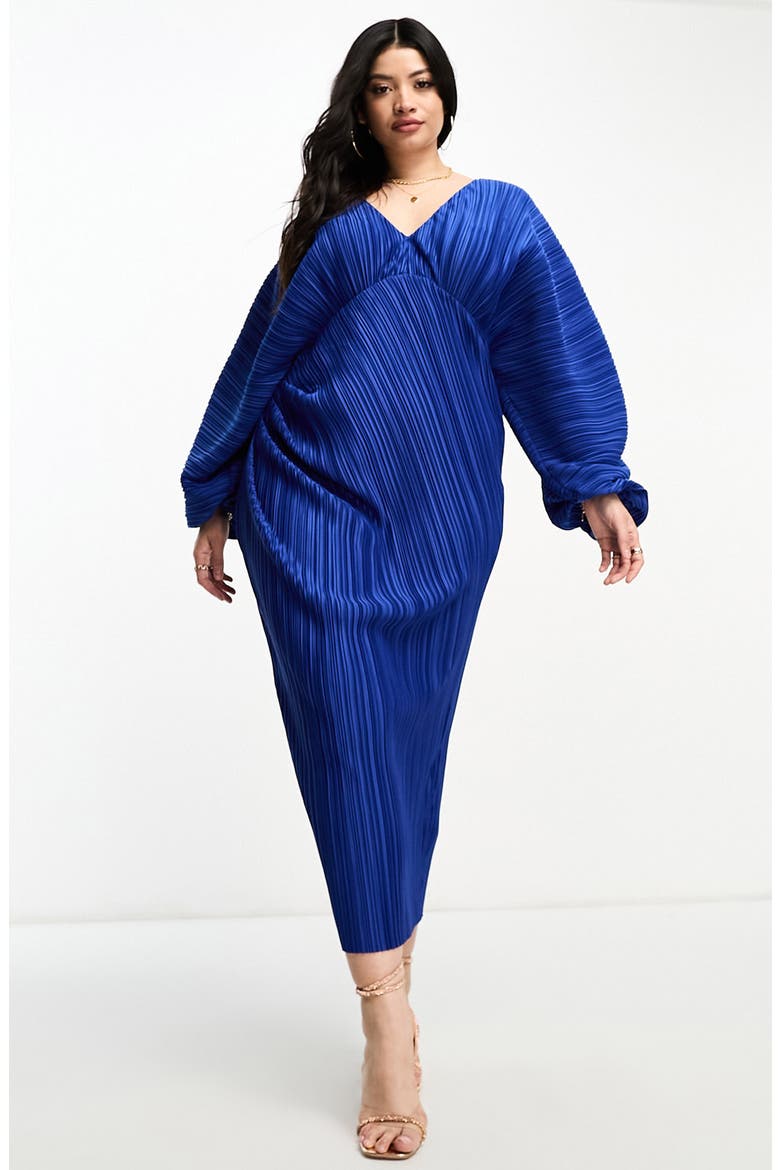 Curve Plissé Long Sleeve Dress, Main, color, MEDIUM BLUE