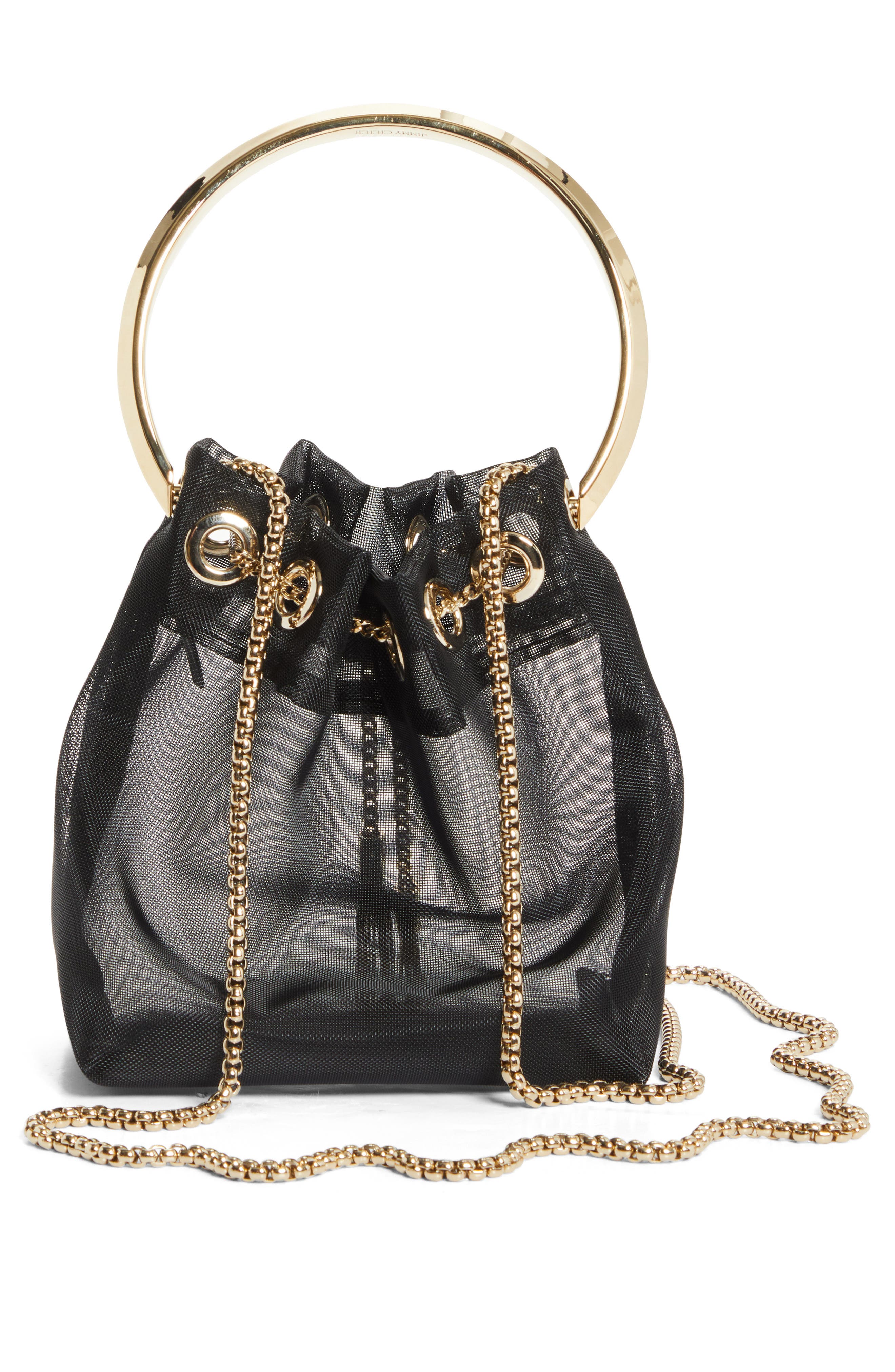 Jimmy Choo Bon Bon Mesh Top Handle Pouch, Alternate, color, Black/ Light Gold