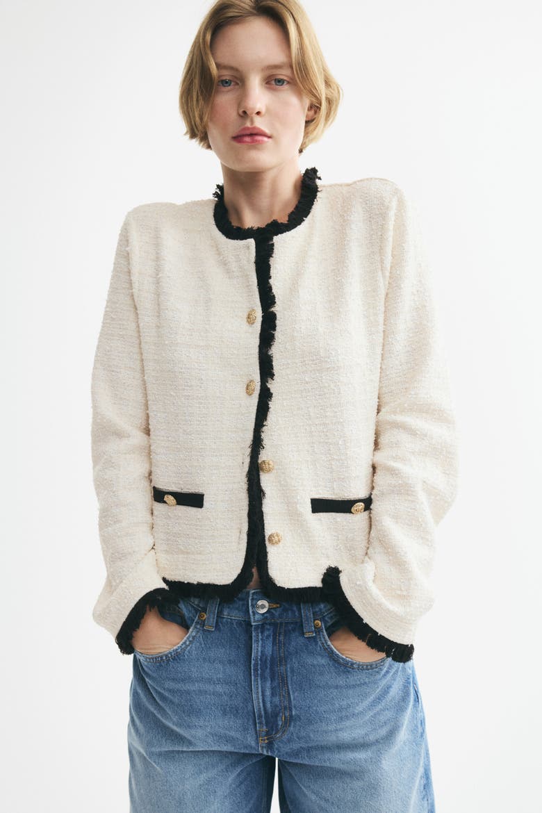 Bouclé-knit Jacket With Fringe, Main, color, Cream