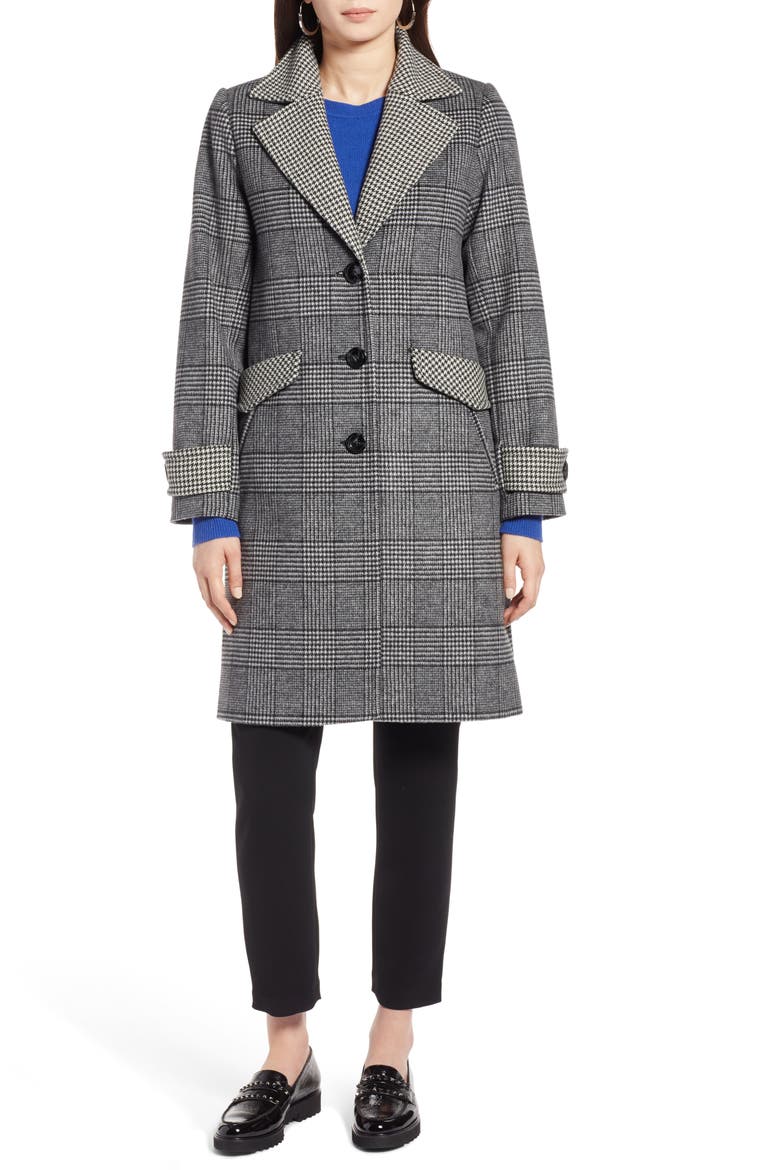 Plaid Mix Wool Coat, Alternate, color, BLACK- IVORY PLAID