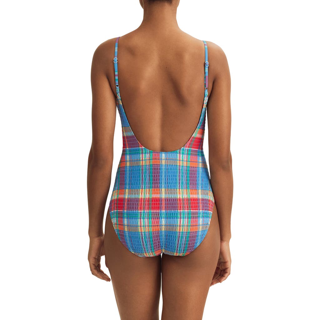 Polo Ralph Lauren Kennedy Smocked One Piece Swimsuit In Blue Multi