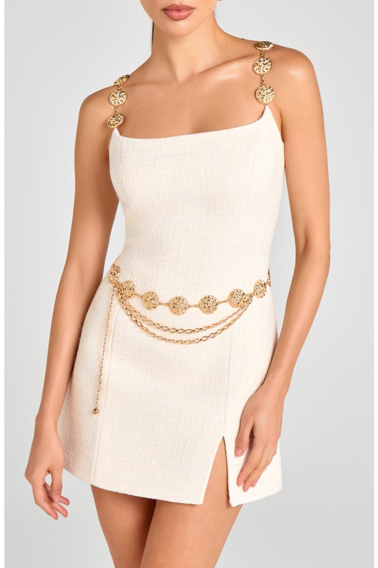 Chain Belt Tweed Cocktail Minidress, Alternate, color, WHITE