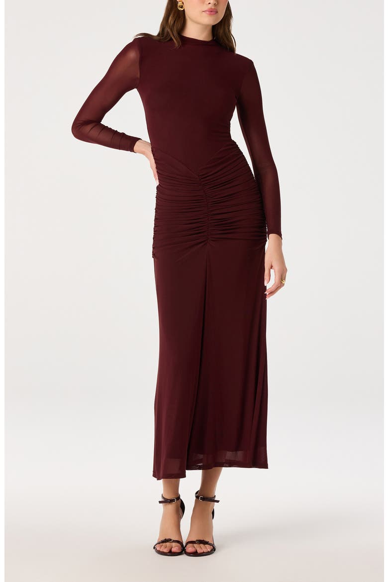 Romy Mock Neck Ruched Midi Dress, Alternate, color, BURGUNDY