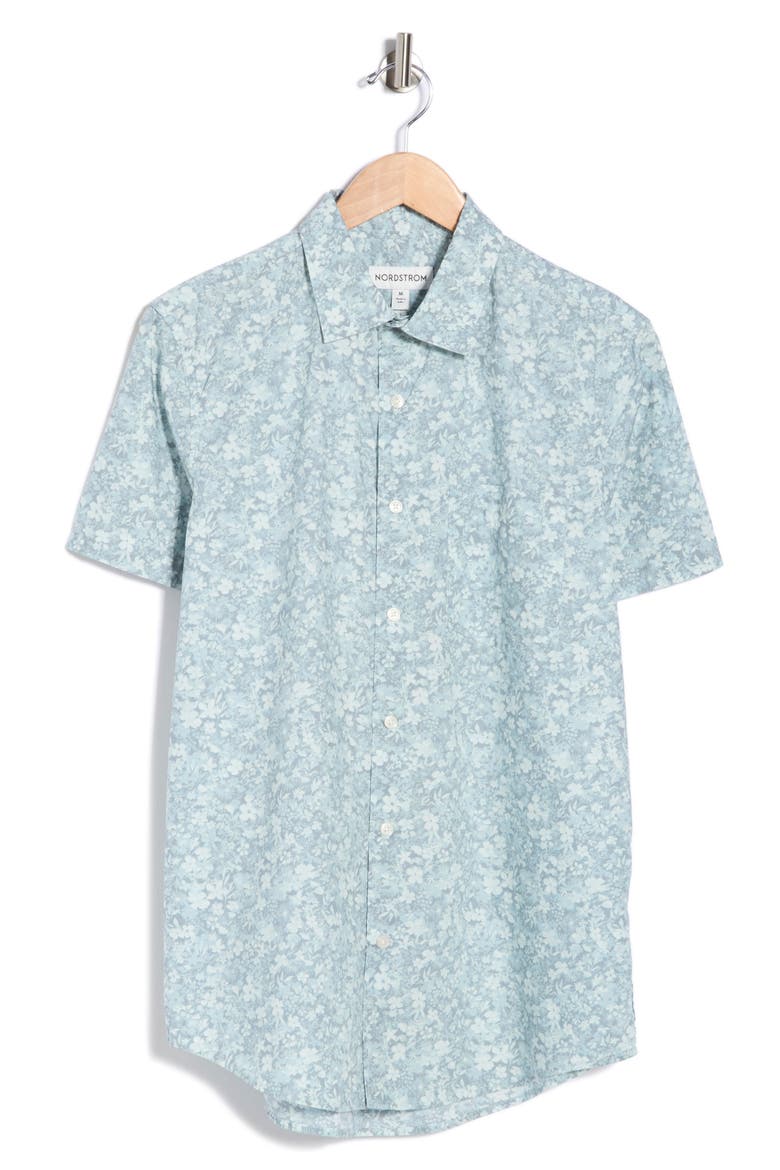 Short Sleeve Poplin Shirt, Alternate, color, BLUE SPRUCE MINI BLOOMS