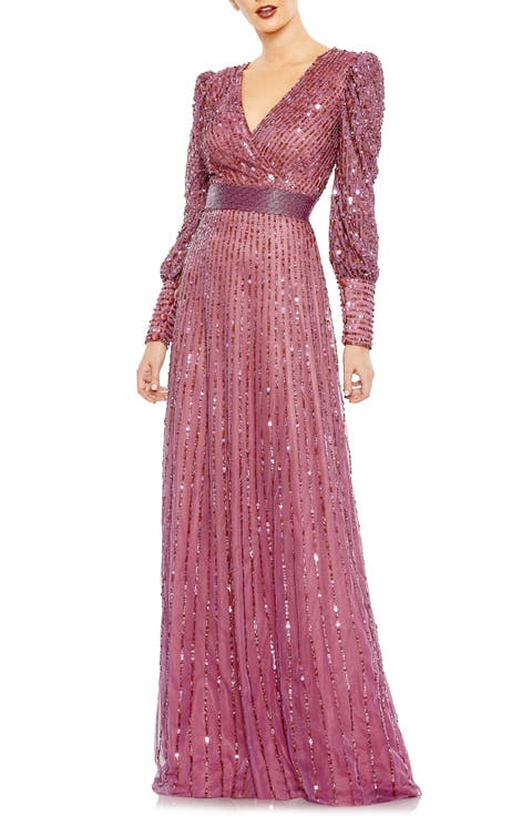 Sequined Wrap Over Bishop Sleeve Gown