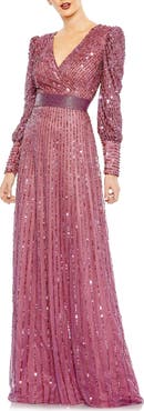 Mac Duggal Sequined Wrap Over Bishop Sleeve Gown