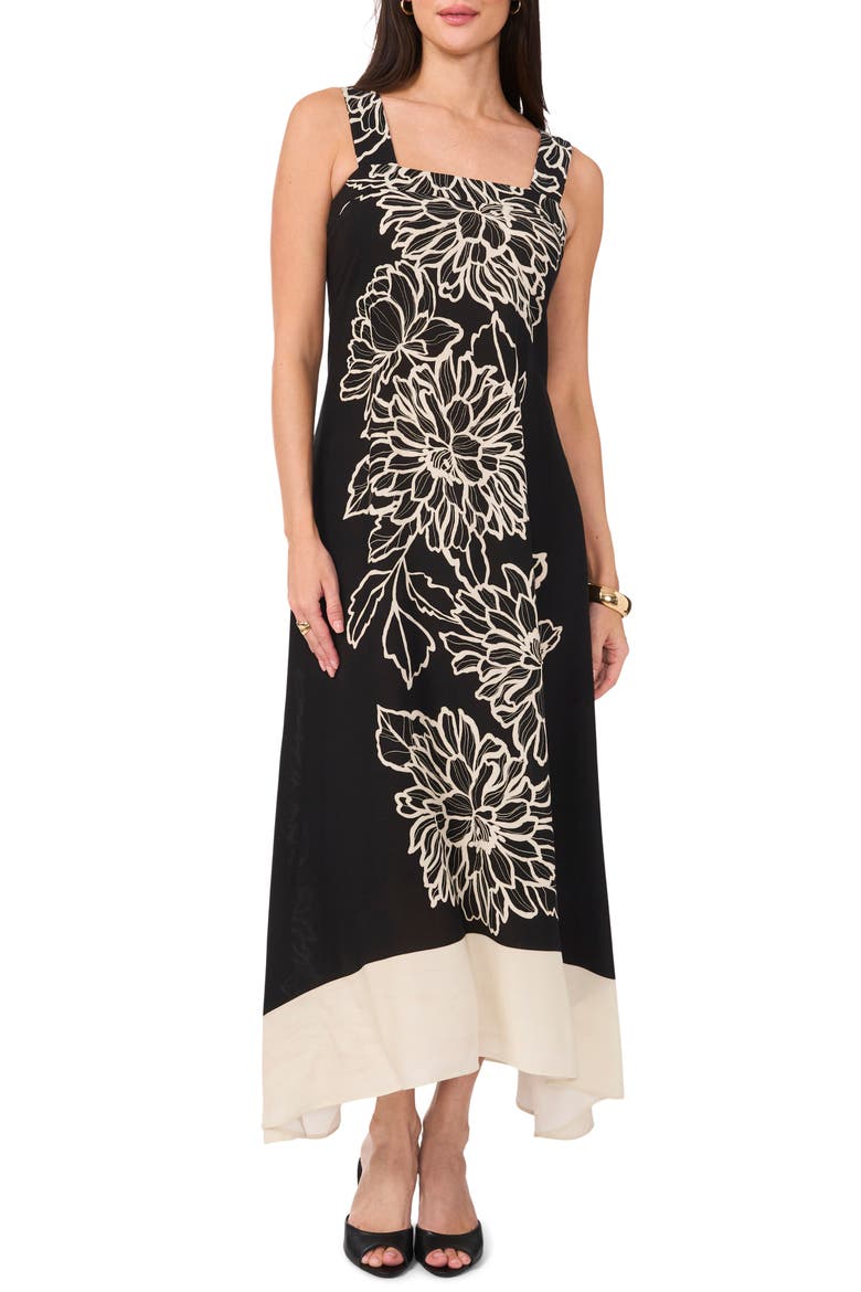 Placed Floral Midi Dress, Main, color, RICH BLACK
