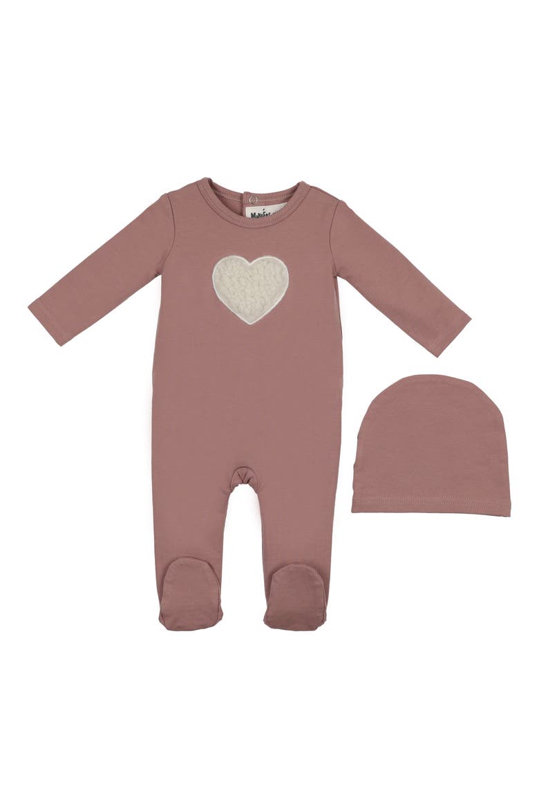 Heart Appliqué Footie & Beanie Set, Main, color, BERRY