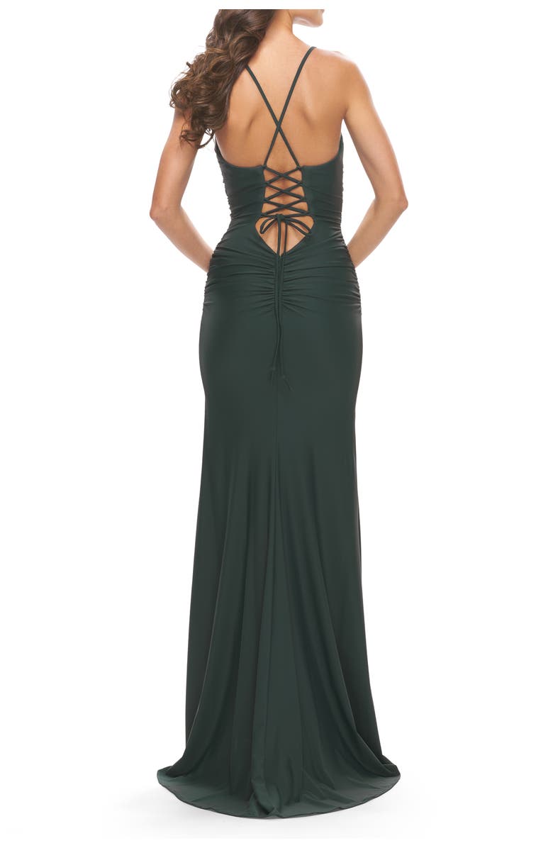 La Femme Ruched Jersey Dress with Lace Up Back, Alternate, color, Dark Emerald
