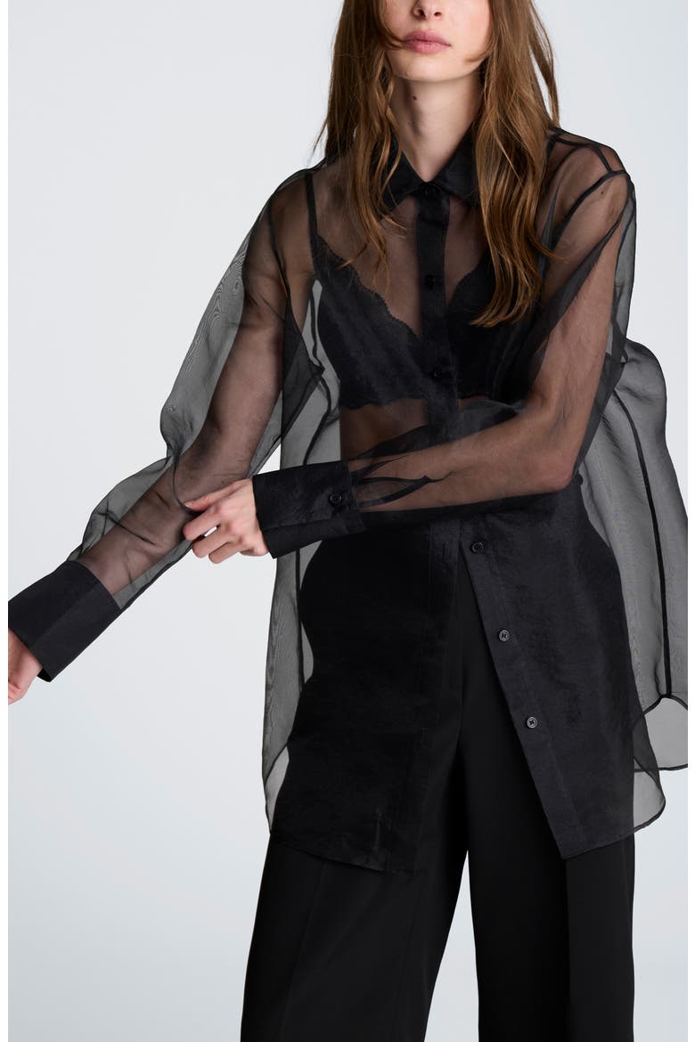 Sheer Oversize Button-Up Shirt, Main, color, BLACK