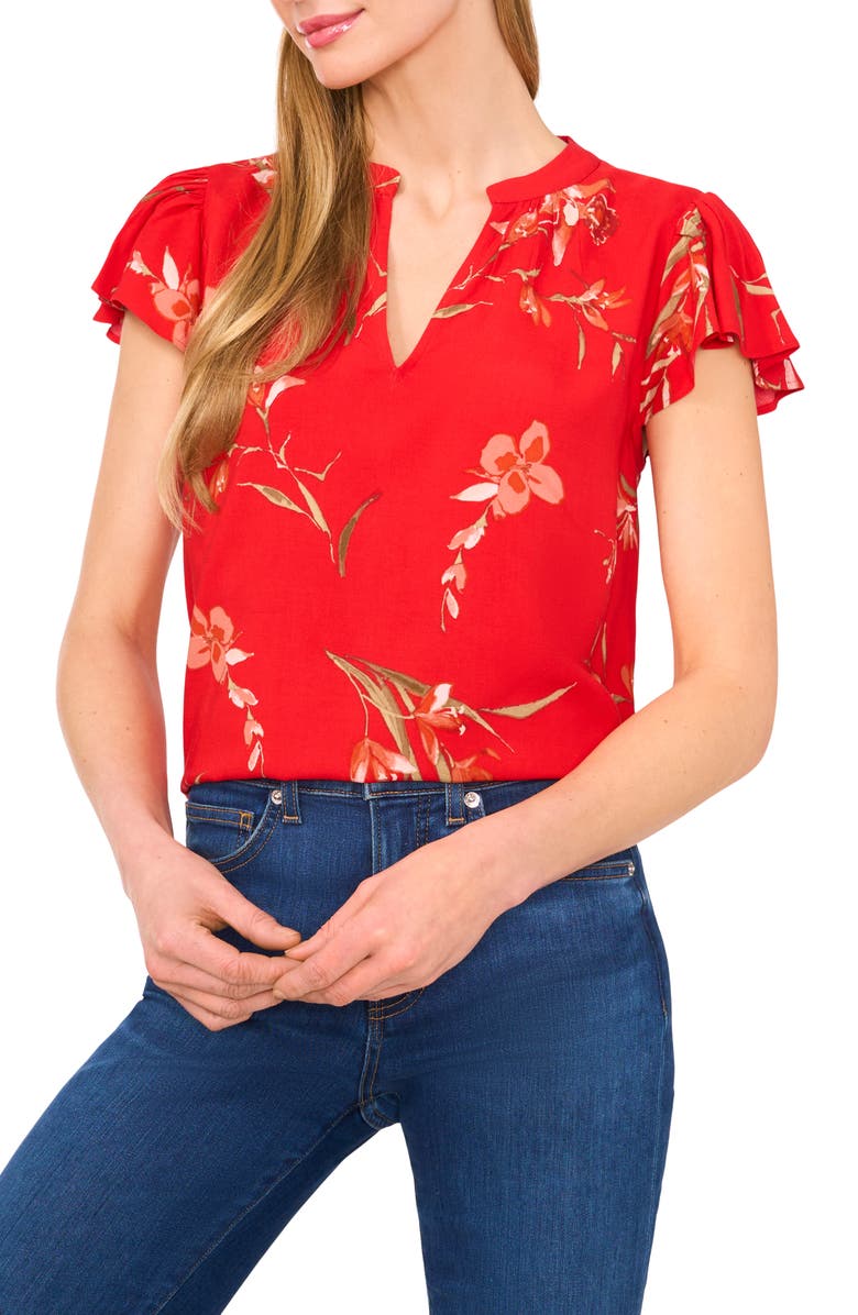 CeCe Floral Flutter Sleeve V-Neck Top, Main, color, Fiery Red