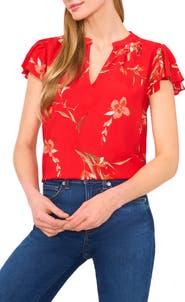 CeCe Floral Flutter Sleeve V-Neck Top