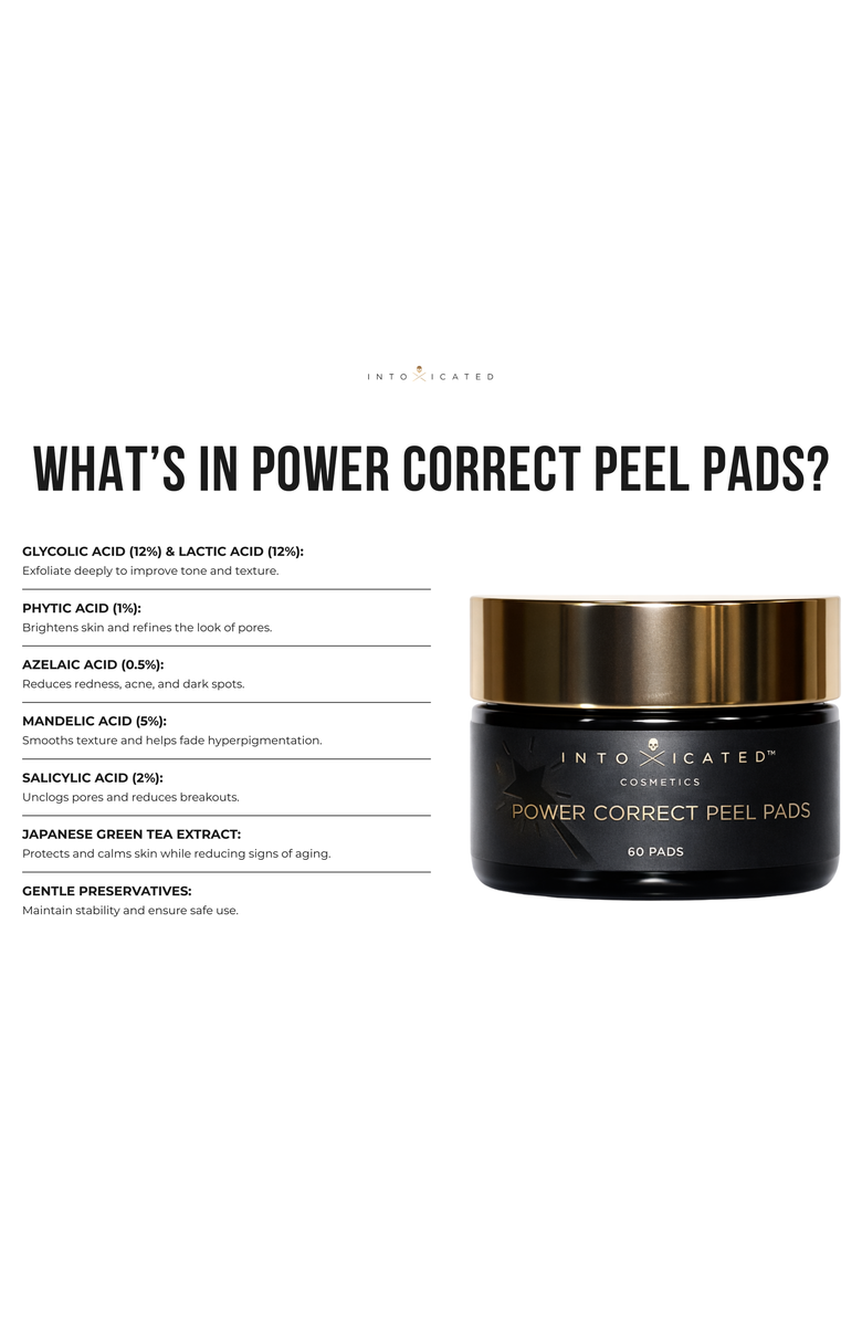 Intoxicated Cosmetics Power Correct Peel Pads | 60 Pads | Brighten, Correct and Exfolitate | Multi-Acid 12% Glycolic Pads, Alternate, color, NO COLOR