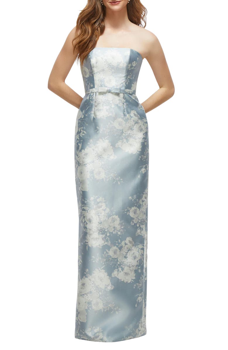 Alfred Sung Floral Strapless Bow Belt Satin Twill Column Gown, Main, color, Seraphina Floral
