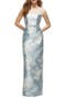 Floral Strapless Bow Belt Satin Twill Column Gown