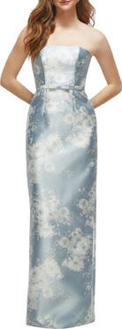 Alfred Sung Floral Strapless Bow Belt Satin Twill Column Gown