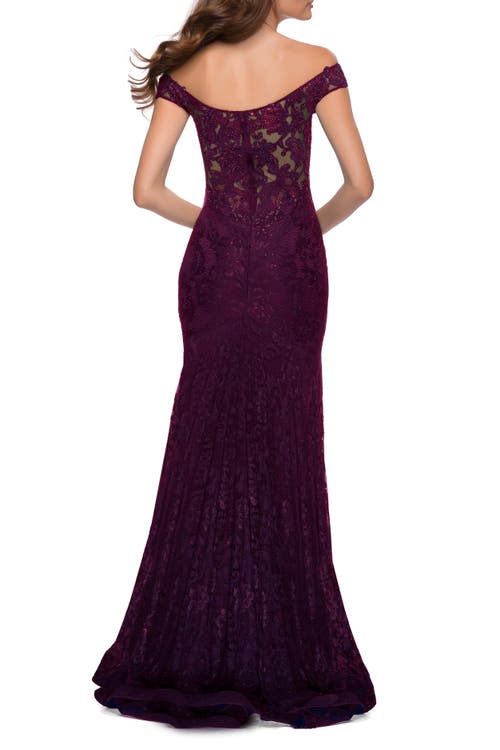 La Femme Lace Off The Shoulder Gown With Deep V Neckline In Dark Berry