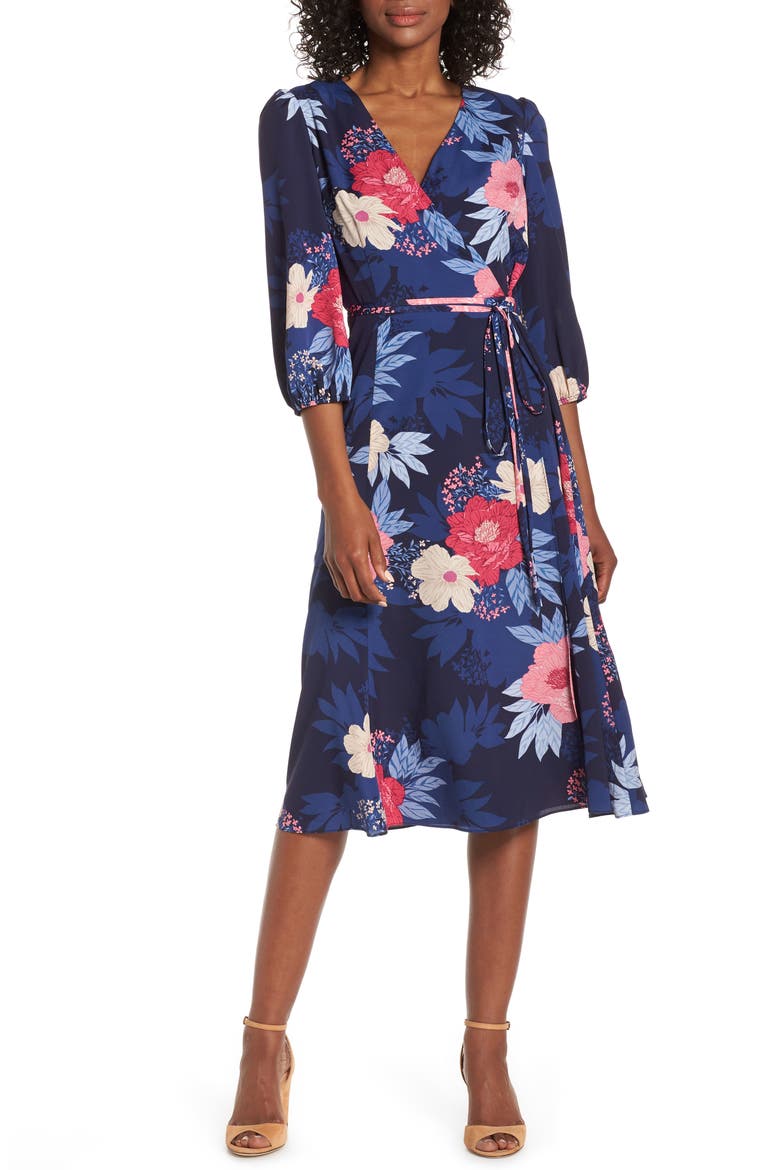 Floral Print Faux Wrap Midi Dress, Main, color, NAVY