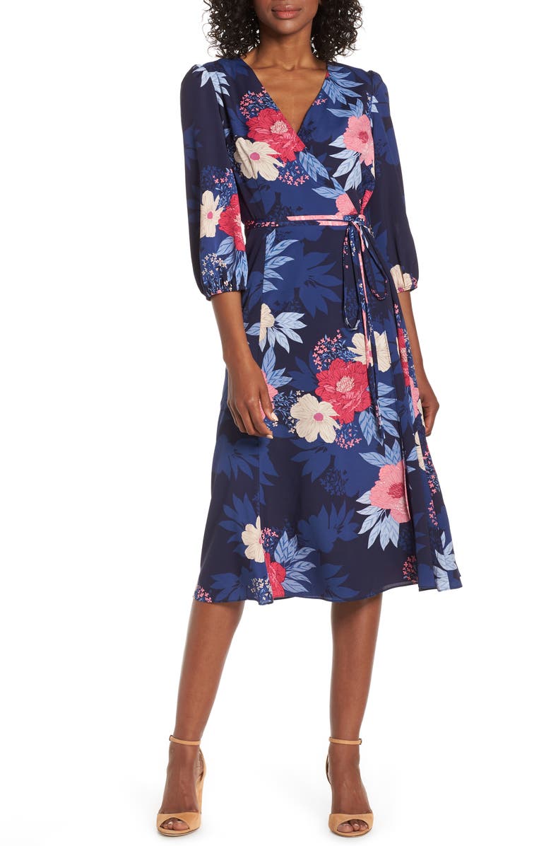 Eliza J Floral Print Faux Wrap Midi Dress, Main, color,