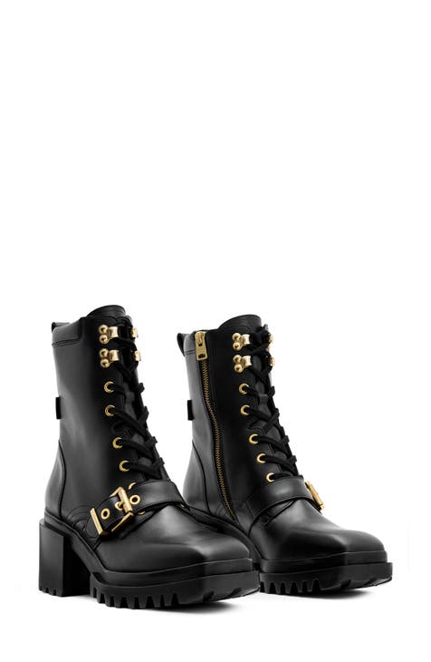 Design. Women’s size 9. Worn once. Black combat boots w gold outlet hardware