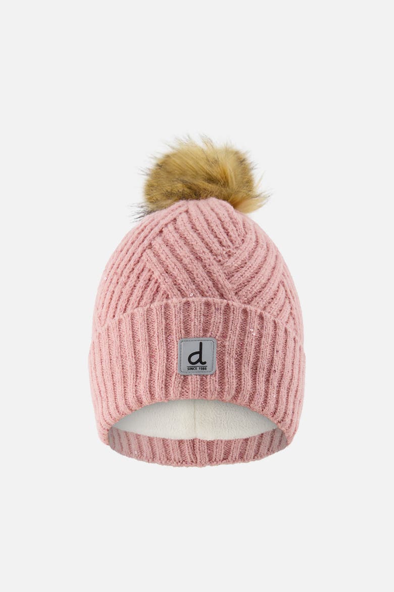 Chevron Fleece Lined Faux Fur Pompom Winter Knit Hat, Main, color, Pale Dusty Pink
