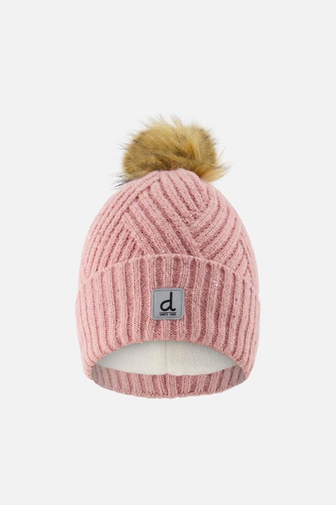 Chevron Fleece Lined Faux Fur Pompom Winter Knit Hat
