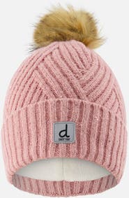 Deux par Deux Chevron Fleece Lined Faux Fur Pompom Winter Knit Hat