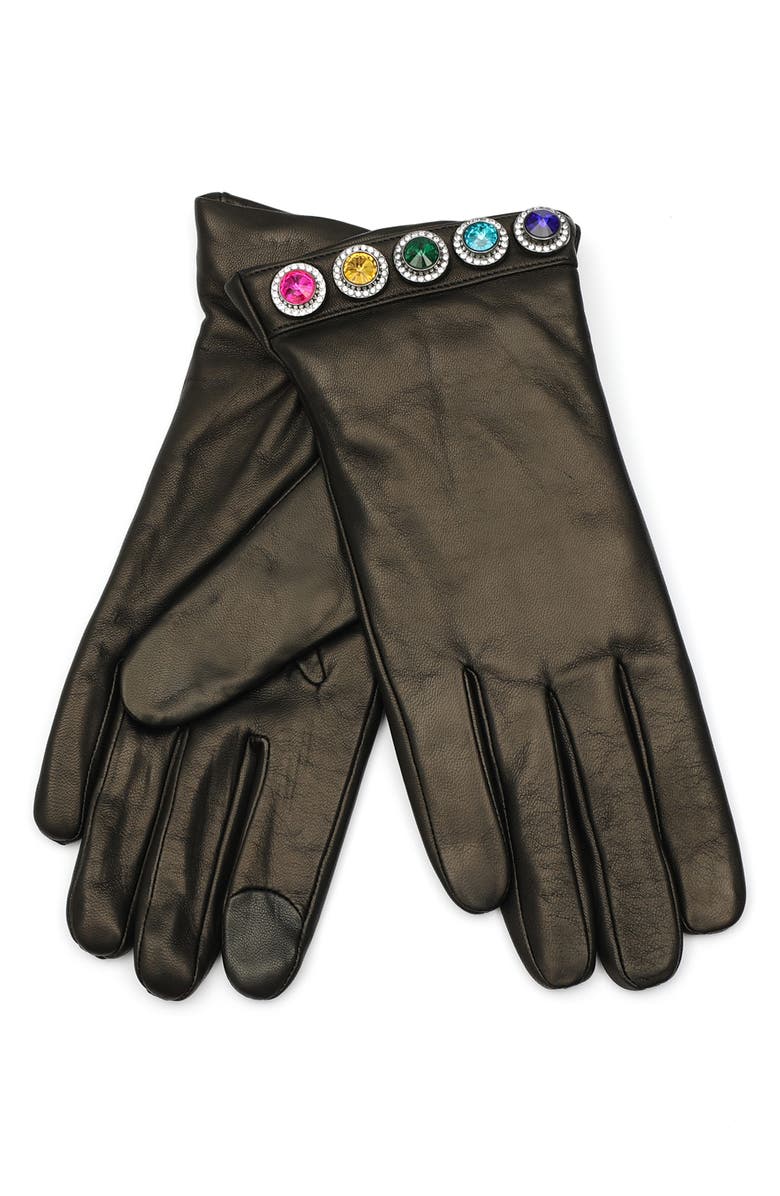 Kurt Geiger London Rainbow Crystal Leather Gloves, Alternate, color, Black