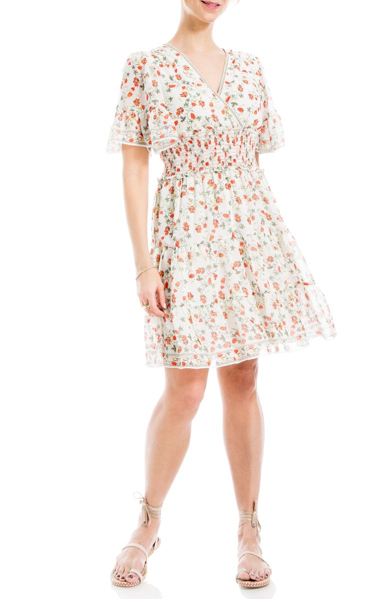 MAX STUDIO Georgette Ditsy Floral Print Tiered Dress, Alternate, color, Cream/ Poppy Sml Crly Clstrs
