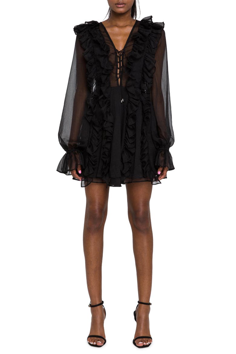Ruffle Tie Front Long Sleeve Minidress, Main, color, BLACK