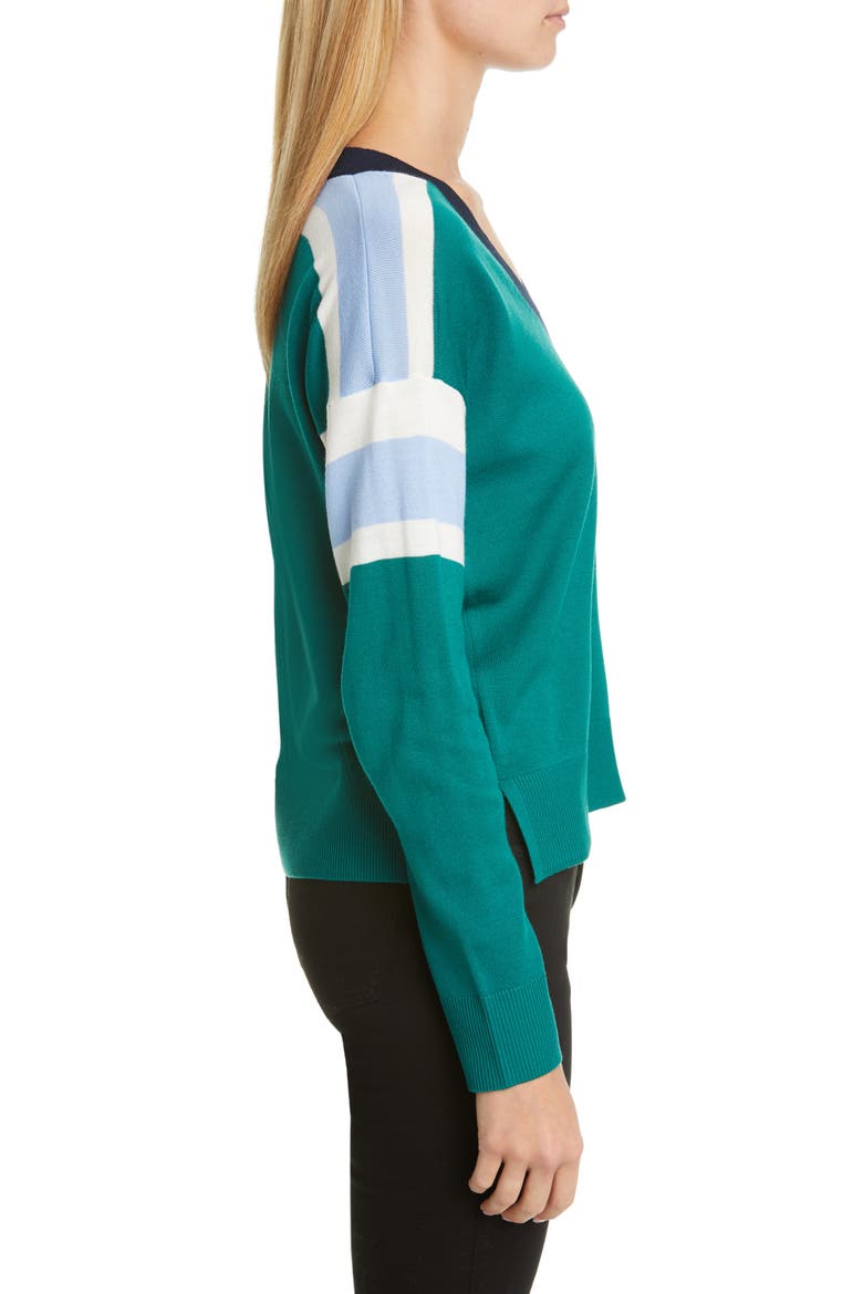 Stripe V-Neck Merino Wool Sweater, Alternate, color, SPRUCE/ SKY BLUE/ NIGHT