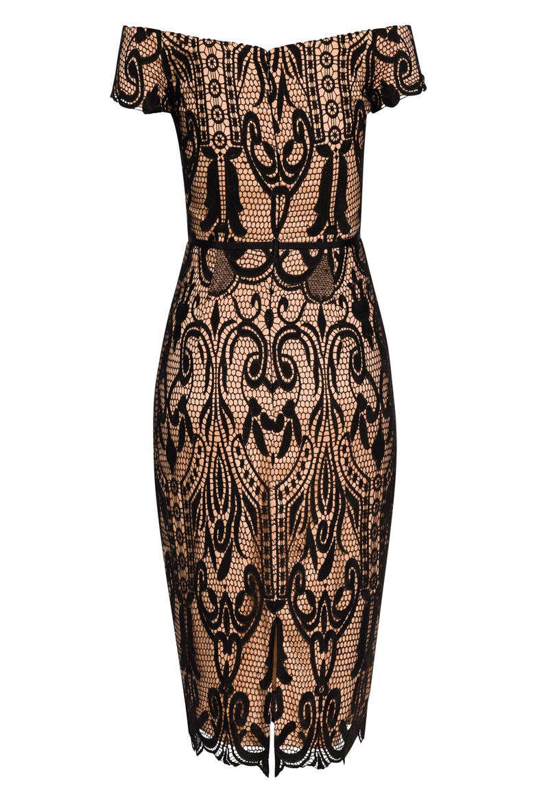 Off the Shoulder Decadent Lace Cocktail Dress, Alternate, color, BLACK / NUDE