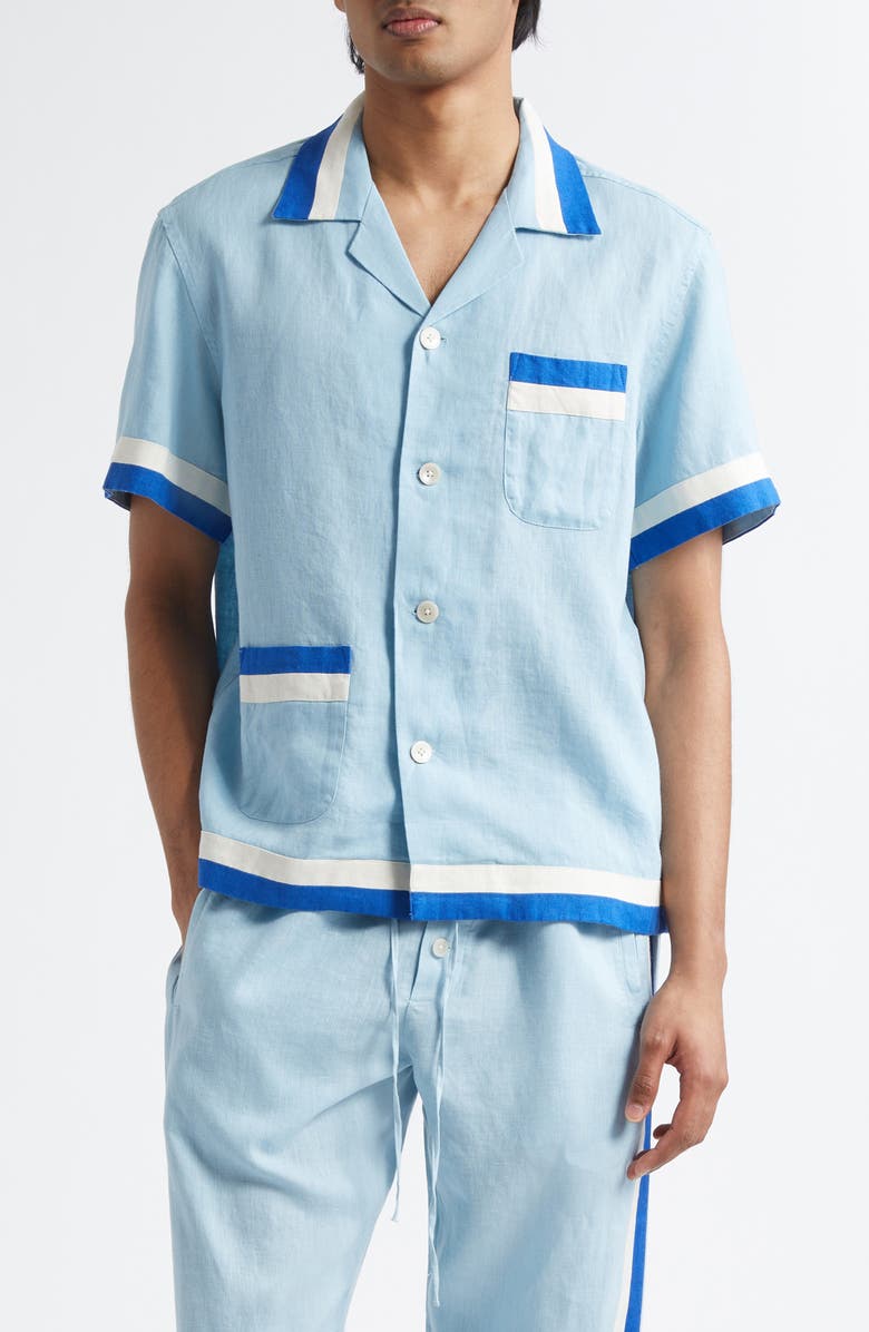 Bode Seedling Stripe Linen Camp Shirt, Main, color, Blue/ White