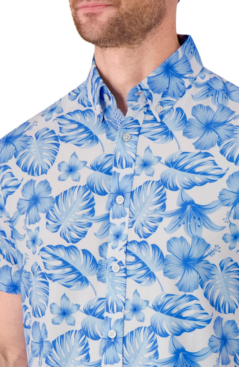 Report Collection Tropical Print Short Sleeve 4-Way-Stretch Button-Down Shirt, Alternate, color, Blue