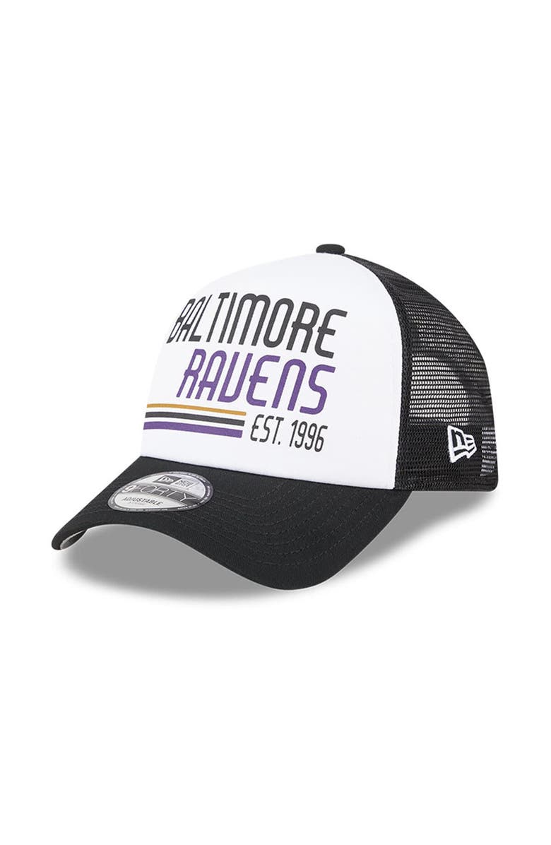 New Era Men's New Era White/Black Baltimore Ravens Stacked A-Frame Trucker 9FORTY Adjustable Hat, Main, color,