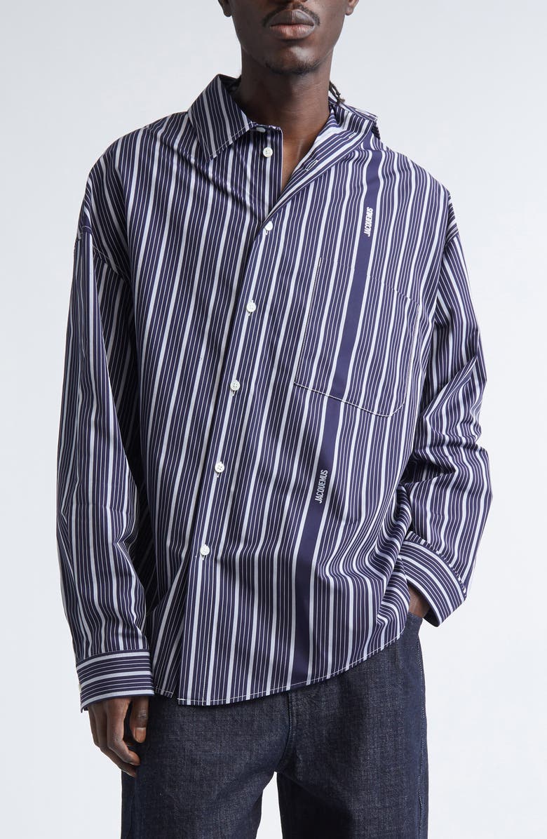 Jacquemus La Chemise Cuadro Asymmetric Button-Up Shirt, Main, color, Business Logo Stripes Navy