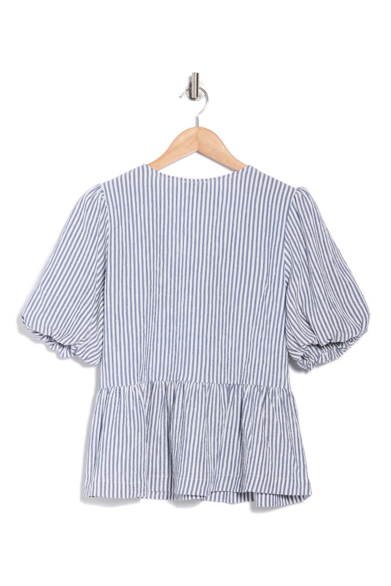 Bow Short Sleeve Seersucker Peplum Top, Alternate, color, NAVY WHITE