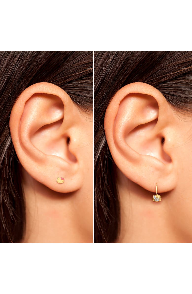 Hello Kitty Earring Set, 2-Pair, Gold-Tone Studs & Pavé Dangle Hoops, Alternate, color, Gold Tone