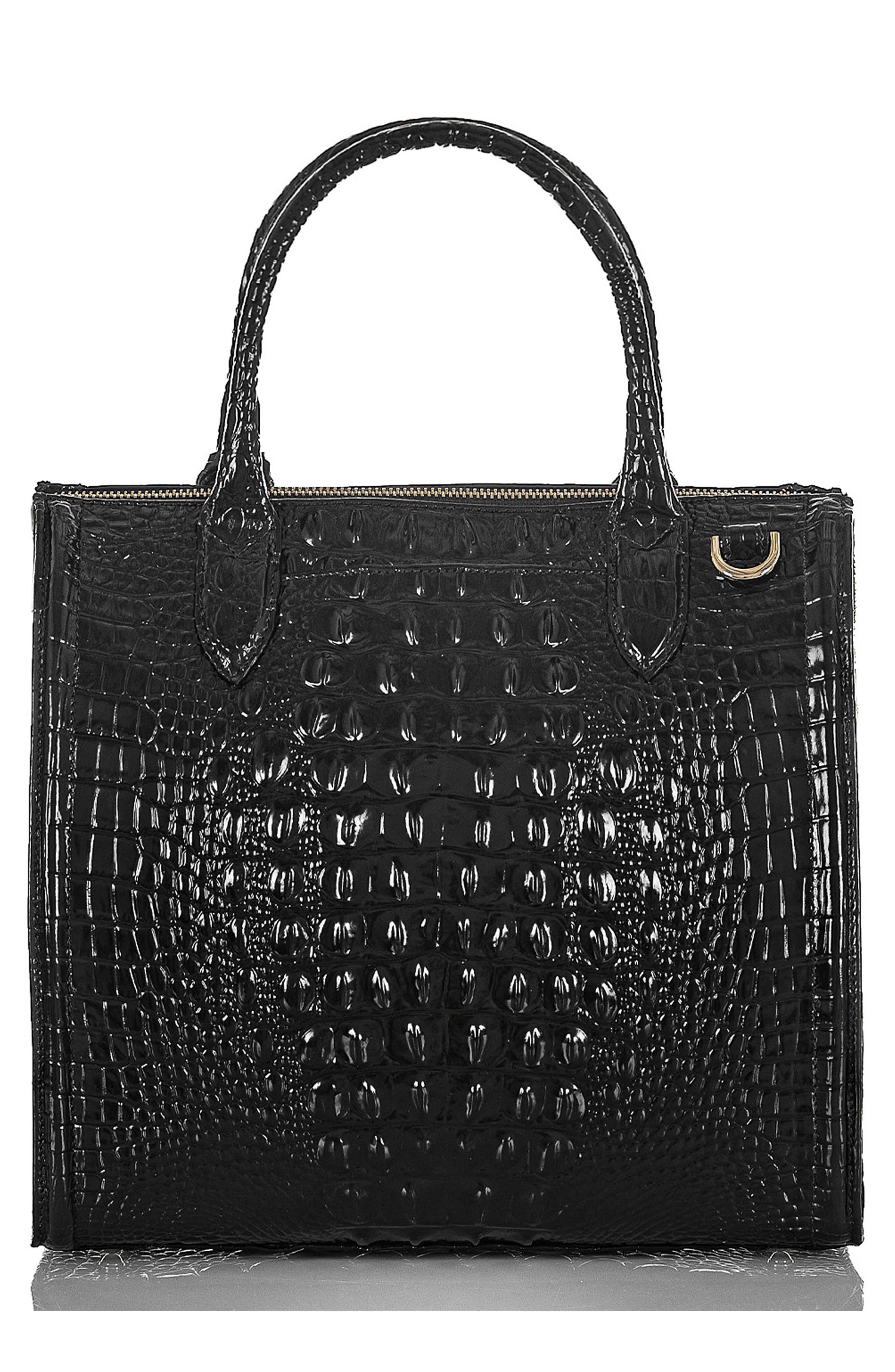 Brahmin Caroline Croc Embossed Leather Satchel, Alternate, color, Black
