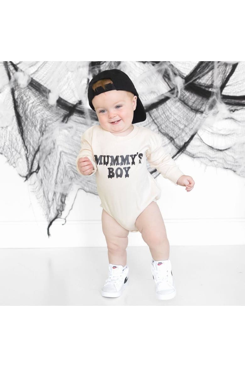 Mummy's Boy Halloween Long Sleeve Romper, Alternate, color, Natural