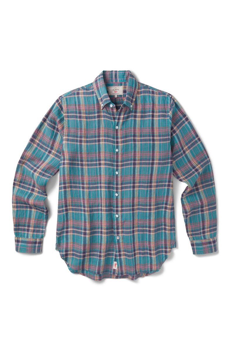 Aubin Croyland Madras Button-Down Linen Shirt, Alternate, color, Green Check