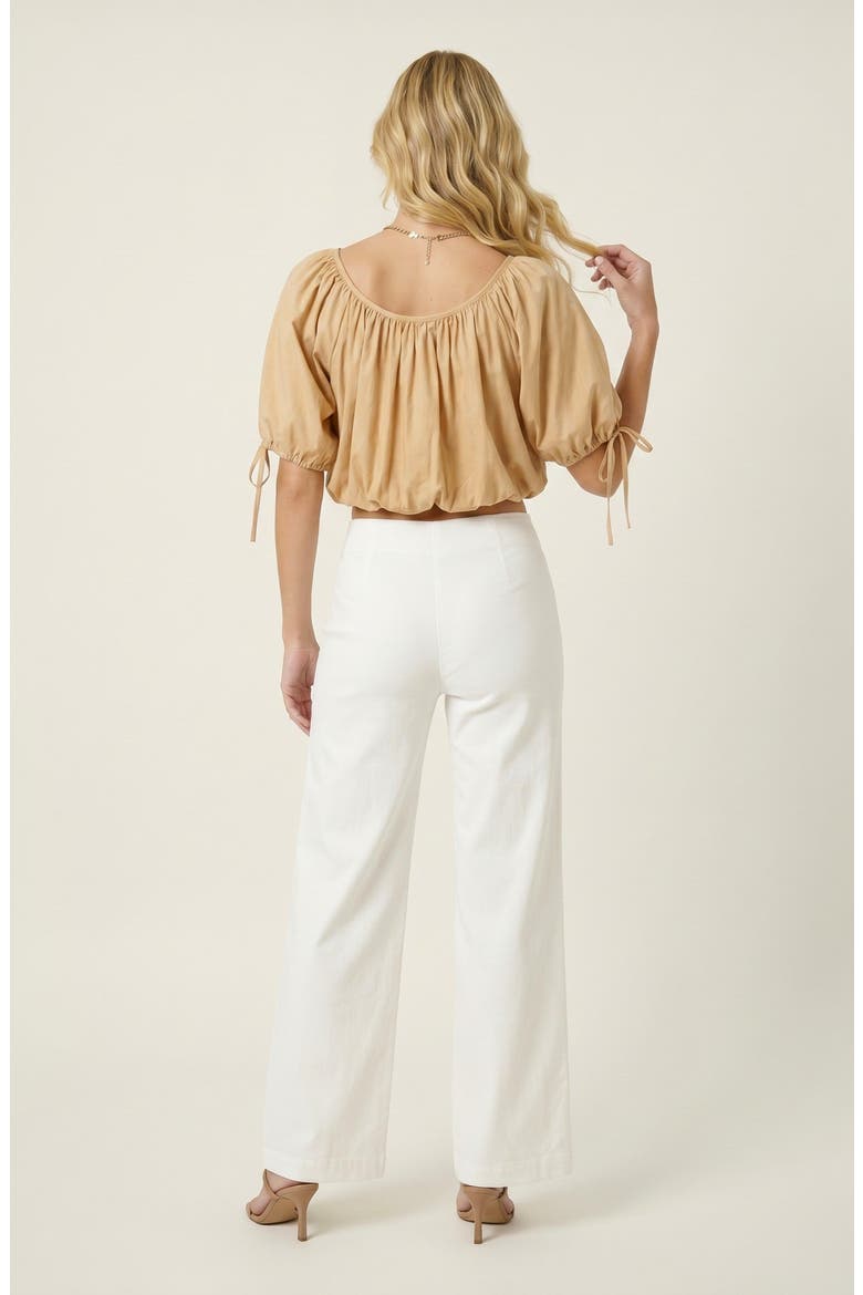 Puff Sleeve Short Top with Gathered Neckline, Alternate, color, Khaki