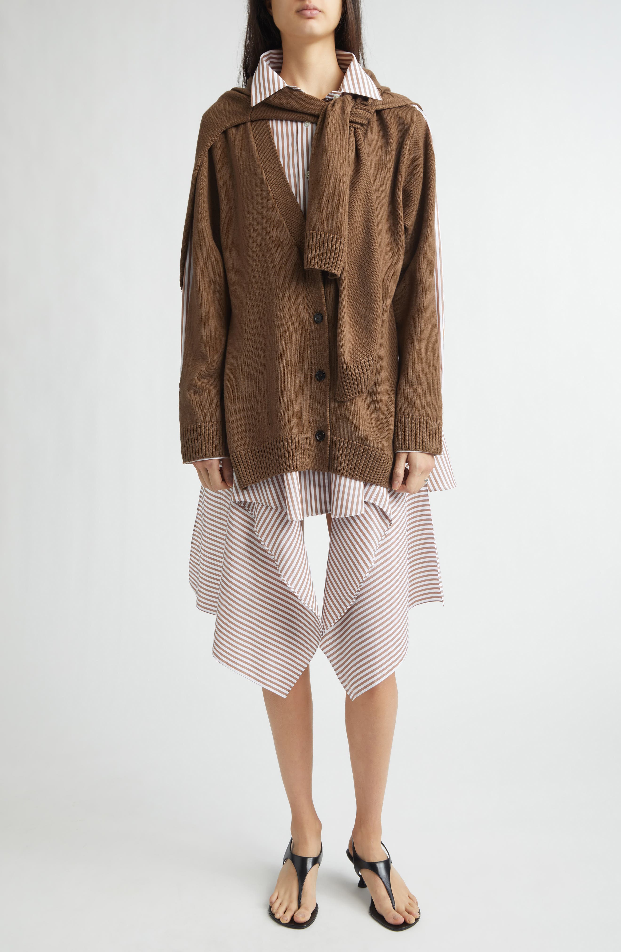 Combo Stripe Long Sleeve Cotton Poplin Shirtdress with Merino Wool Cardigan