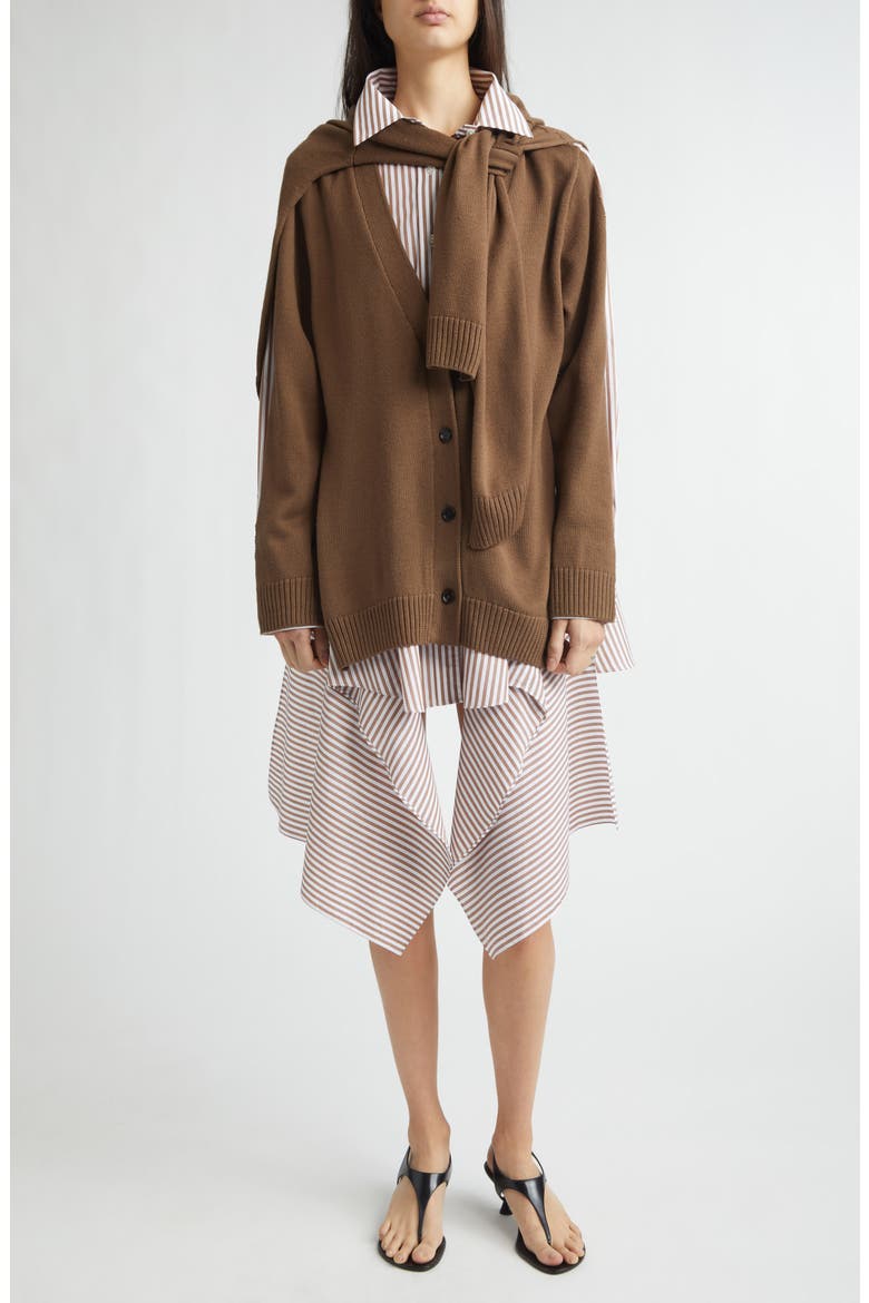 Combo Stripe Long Sleeve Cotton Poplin Shirtdress with Merino Wool Cardigan, Main, color, BROWN MULTI