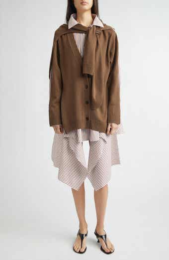 Combo Stripe Long Sleeve Cotton Poplin Shirtdress with Merino Wool Cardigan