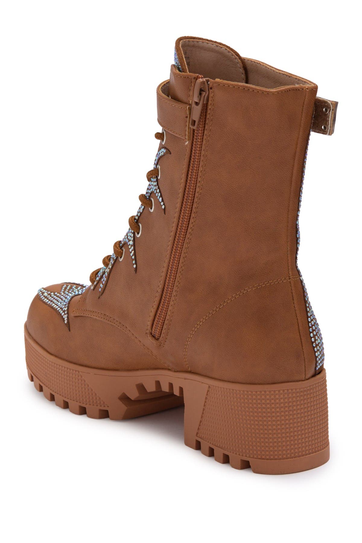CHASE AND CHLOE Rhinestone Lug Sole Combat Boot, Alternate, color, Tan Pu