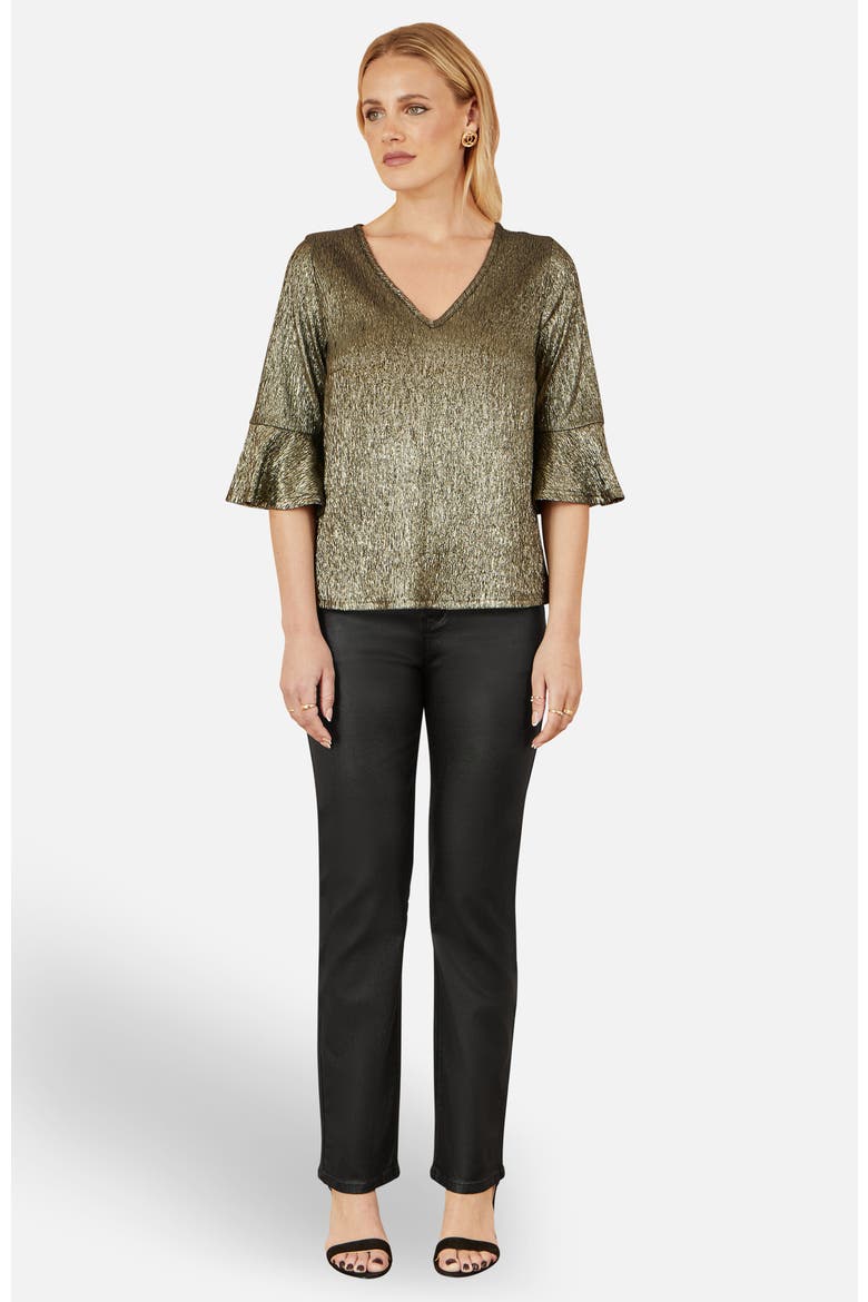 Fluted Sleeve Metallic Stretch Top, Alternate, color, Gold